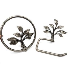 Augustine Metal Pewter Leaf Towel Ring & Toilet Paper Holder Earthy Boho Nature